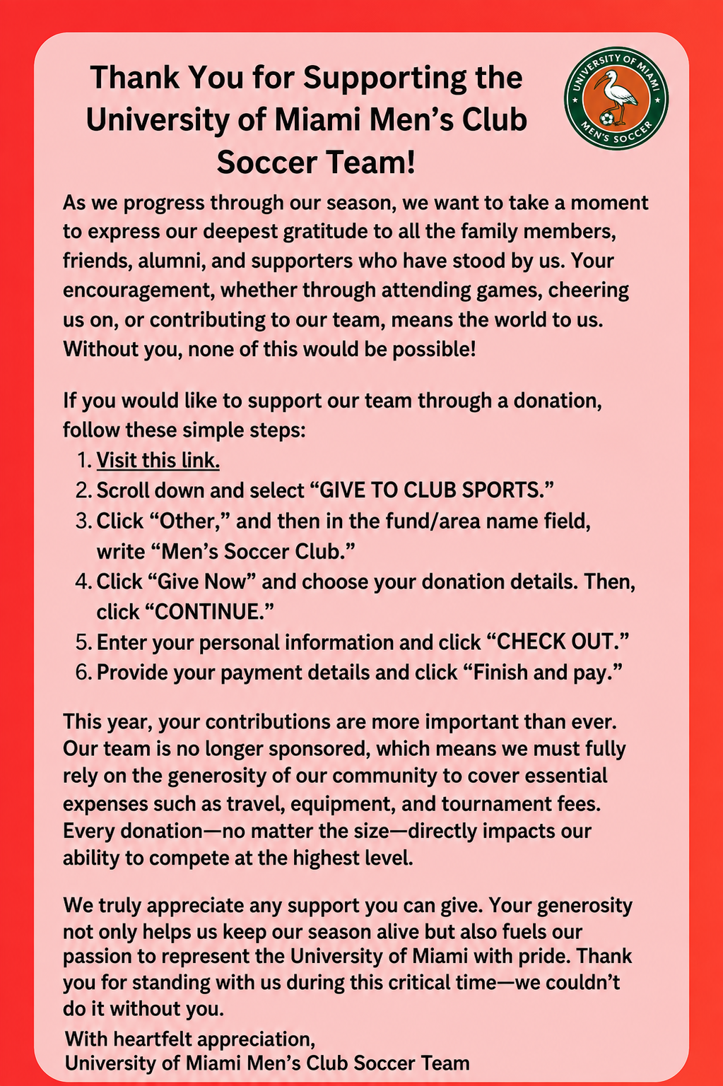 Donation instructions for UM Men's Soccer